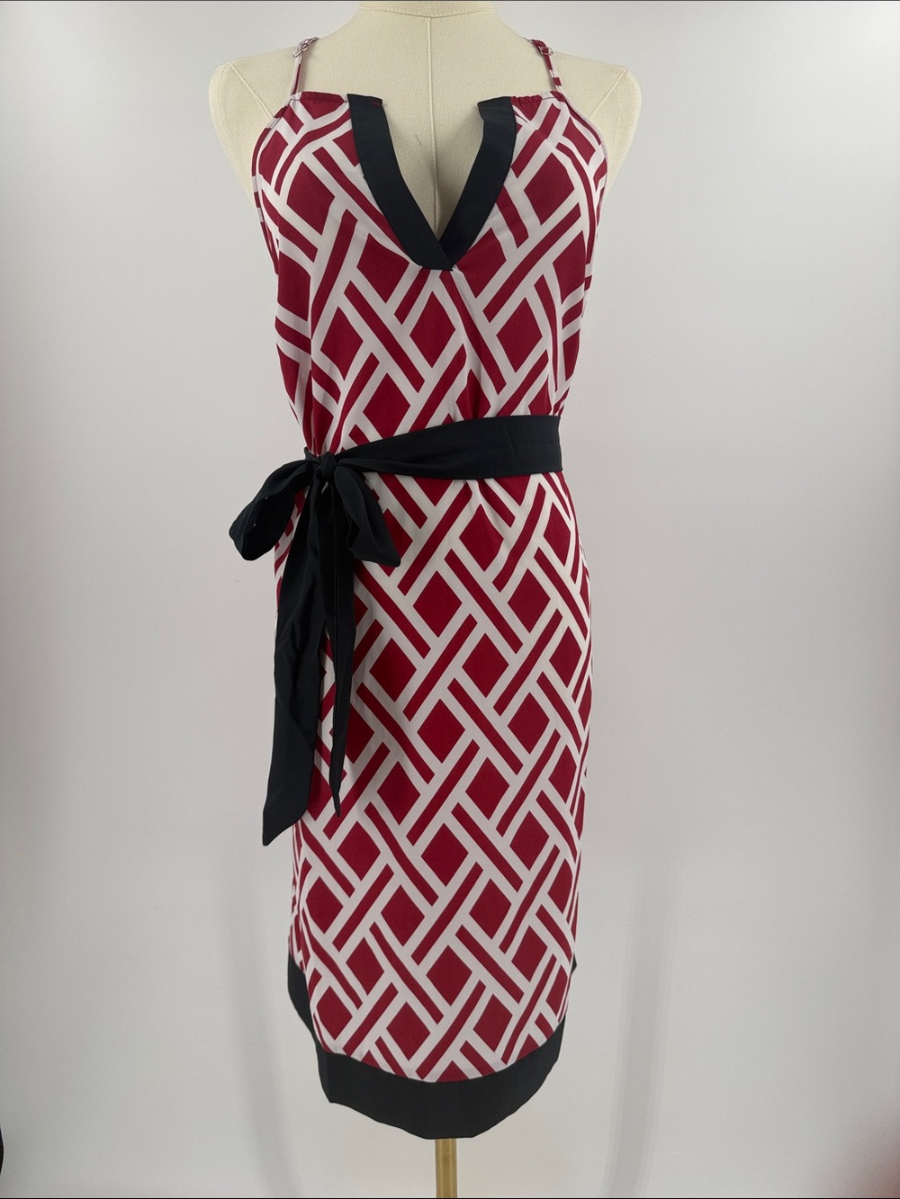 Vintage Sleeveless Red Geometric Midi Dress with navy Trim